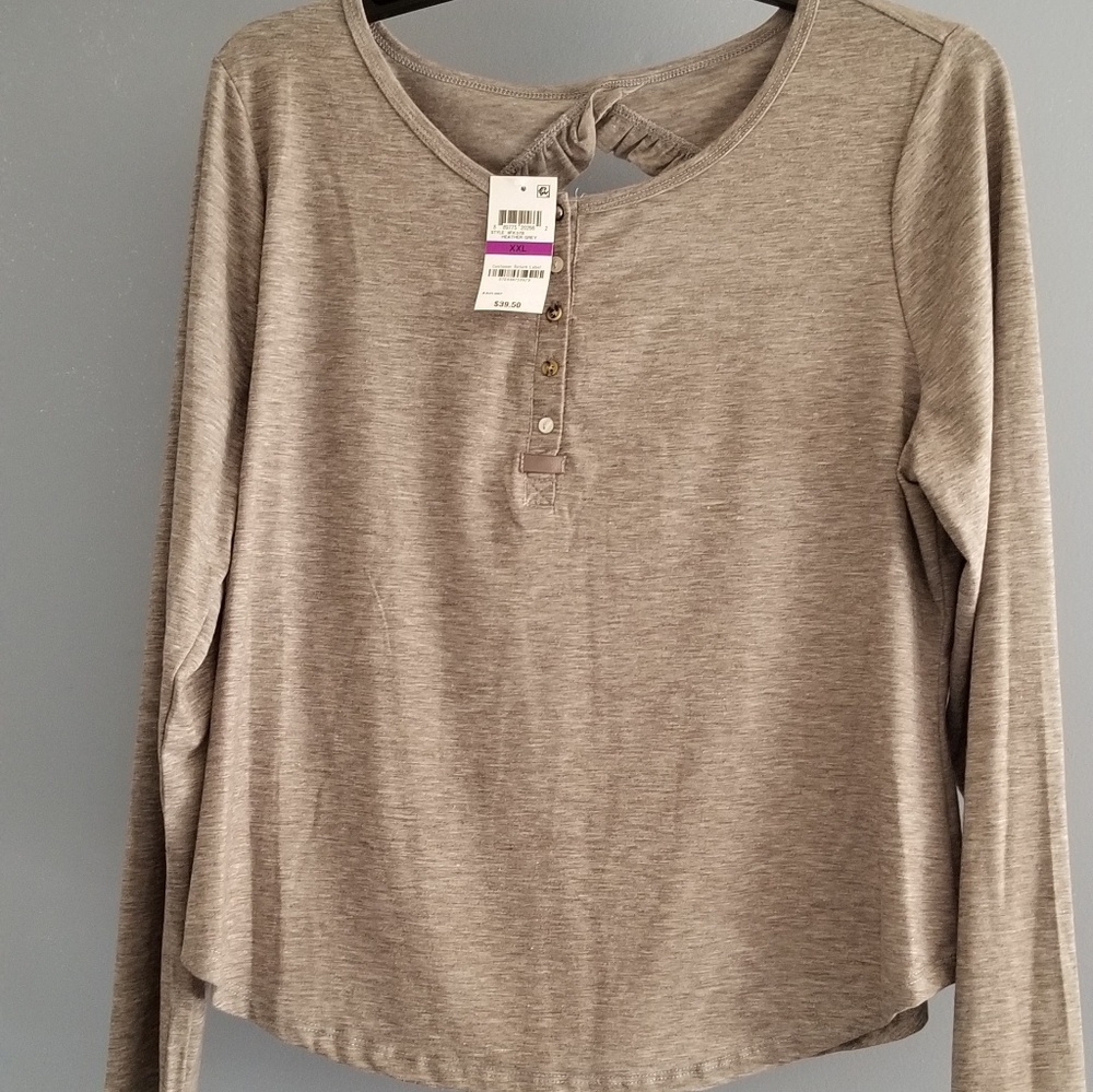 Heather Gray Long Sleeve Ruffle Keyhole